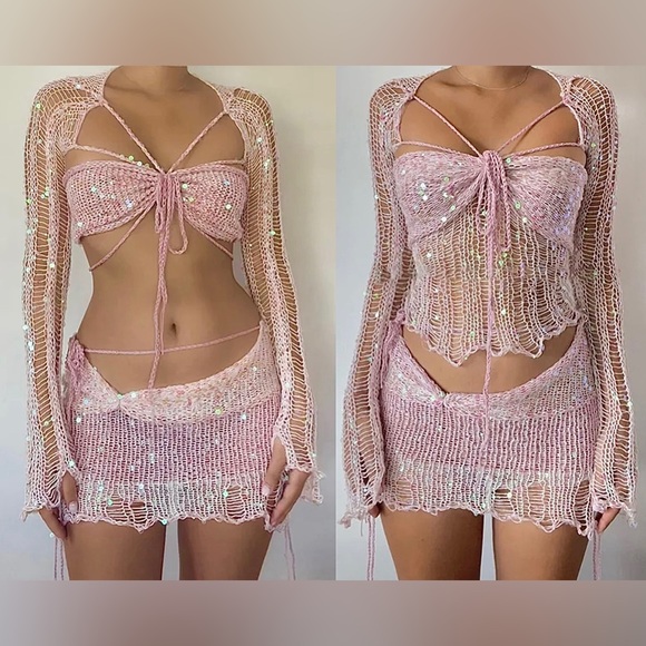 Polly Sequin Crochet Three Piece Skirt Sweater Dress Set - Picture 16 of 17